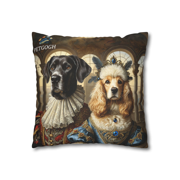 Custom dog couple pillow featuring two dogs as royalty – one in a regal embroidered robe with lace ruff, the other in a blue gown with jeweled crown. Personalized king & queen pet portrait cushion gift for couples and dog lovers.