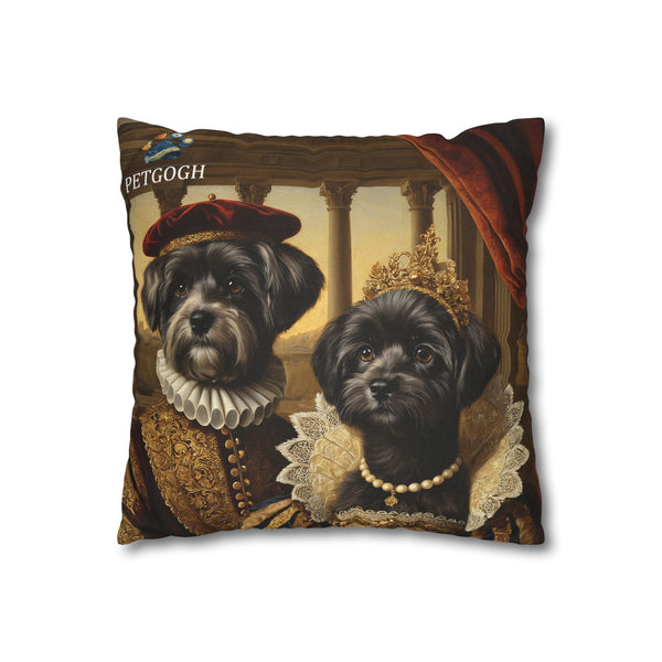 Custom dog couple pillow featuring two dogs’ portraits in royal attire – one as a lord in gold embroidered outfit with a red hat, the other as a queen with a golden crown, pearls, and lace gown. Personalized regal pet portrait cushion gift.