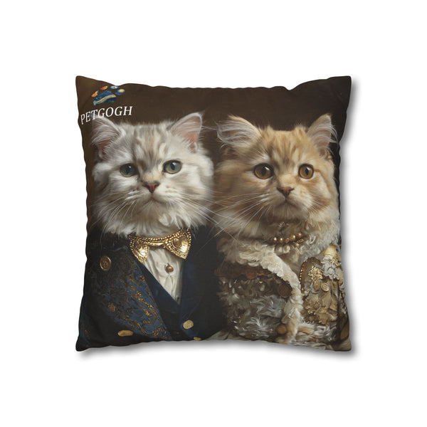 Custom aristocrat cat couple pillow featuring two cats’ portraits in royal costumes – one with a blue jacket and gold bowtie, the other in a golden embroidered gown. Personalized cushion gift for cat lovers.