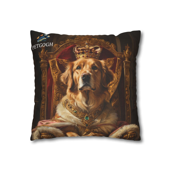 Custom king dog pillow featuring your dog’s portrait with jeweled crown, royal robe, and golden throne – personalized regal pet portrait cushion gift for dog lovers.