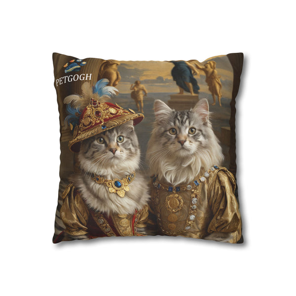 Custom noble cat couple pillow featuring two cats’ portraits in golden royal costumes with jeweled accessories and feathered hat – personalized aristocrat pet portrait cushion gift for cat lovers.