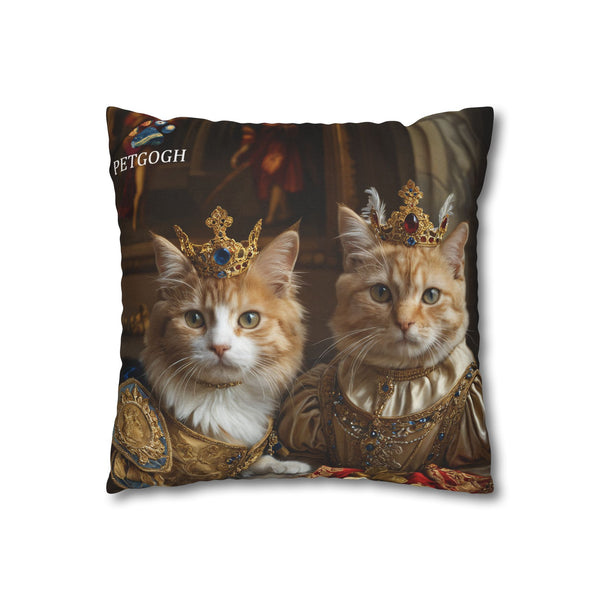 Custom royal cat couple pillow featuring two cats’ portraits in golden royal costumes with jeweled crowns – personalized regal pet portrait cushion gift for cat lovers.