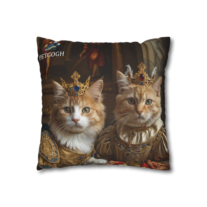 Custom royal cat couple pillow featuring two cats’ portraits in golden royal costumes with jeweled crowns – personalized regal pet portrait cushion gift for cat lovers.