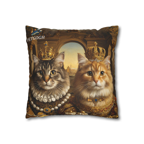 Custom royal cat couple pillow featuring two cats’ portraits in golden crowns, pearl jewelry, and ornate royal costumes – personalized regal pet portrait cushion gift for cat lovers.
