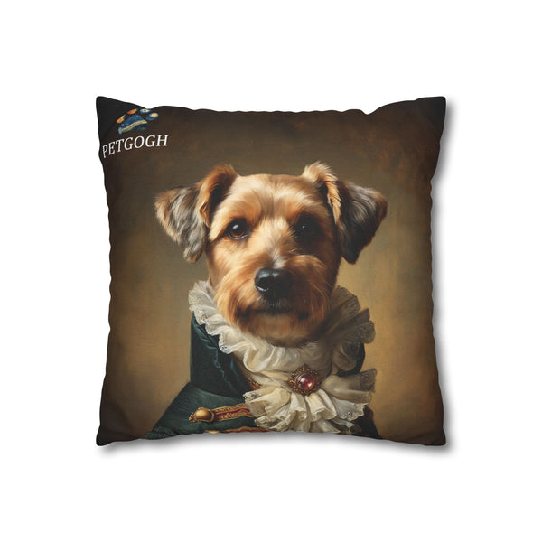 Custom noble dog pillow featuring your dog’s portrait in an ornate costume with lace ruff and jewel detail – personalized aristocrat-style pet portrait cushion gift for dog lovers.
