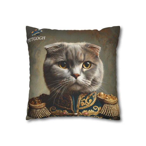 Custom general cat pillow featuring your cat’s portrait in ornate military uniform with golden embroidery and epaulettes – personalized regal pet portrait cushion gift for cat lovers.
