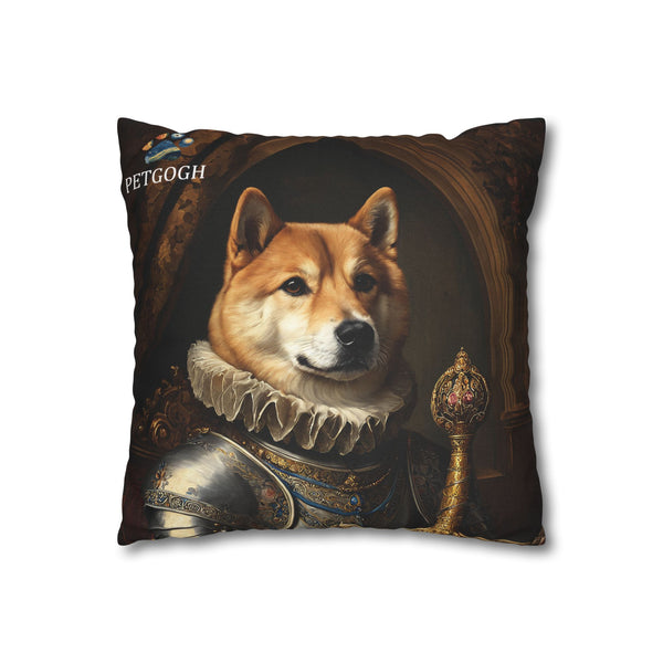 Custom knight dog pillow featuring your dog’s portrait in ornate armor with lace ruff and royal scepter – personalized medieval pet portrait cushion gift for dog lovers.