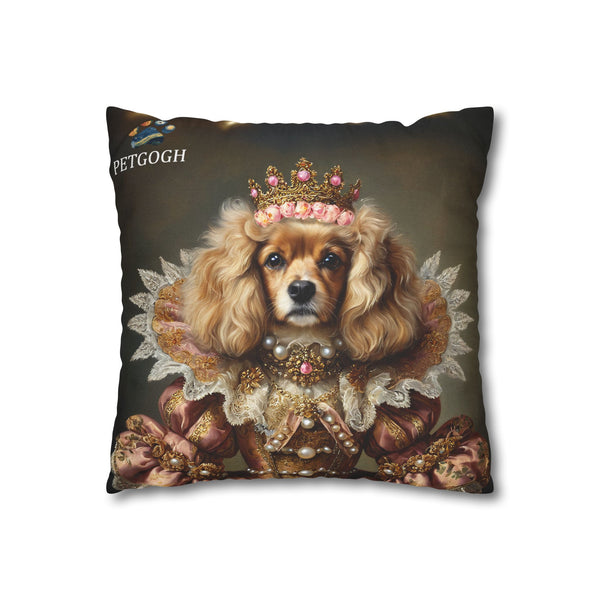 Dog princess pillow with crown and royal gown – personalized pet portrait cushion for dog lovers.