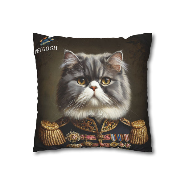 Custom military cat pillow featuring your cat’s portrait in a decorated general’s uniform with golden epaulettes and medals – personalized regal pet cushion gift for cat lovers.