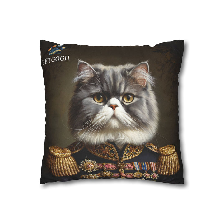 Custom military cat pillow featuring your cat’s portrait in a decorated general’s uniform with golden epaulettes and medals – personalized regal pet cushion gift for cat lovers.