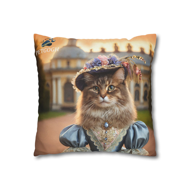 Custom Victorian cat pillow featuring your cat’s portrait in a lace Victorian gown with floral hat and palace backdrop – personalized romantic pet portrait cushion gift for cat lovers.