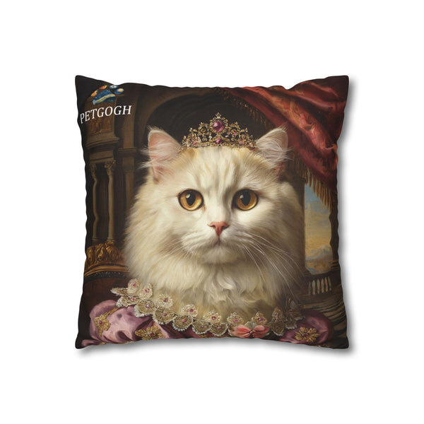 Custom queen cat pillow featuring your cat’s portrait with jeweled crown, ornate gown, and palace backdrop – personalized regal pet portrait cushion gift for cat lovers.