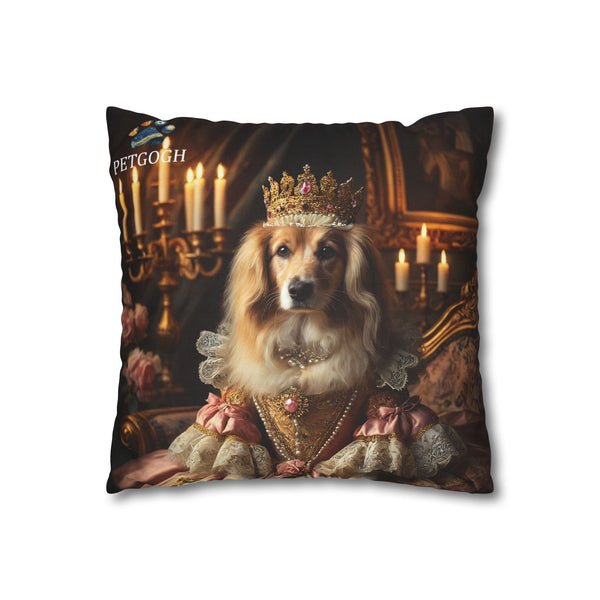 Golden Retriever queen pillow with royal gown, jeweled crown, pearls, and candlelight background – custom pet lover cushion.