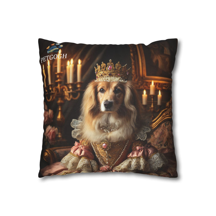 Golden Retriever queen pillow with royal gown, jeweled crown, pearls, and candlelight background – custom pet lover cushion.