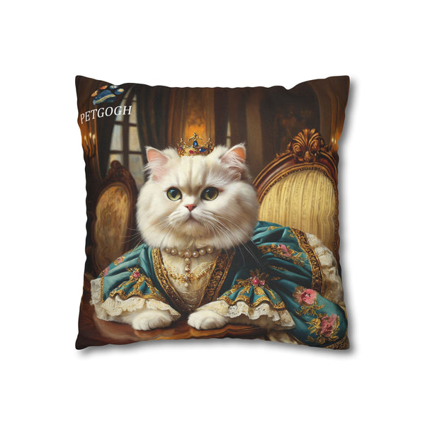 Custom queen cat pillow featuring your cat’s portrait with jeweled crown, pearl necklace, and ornate royal gown in palace setting – personalized regal pet portrait cushion gift for cat lovers.