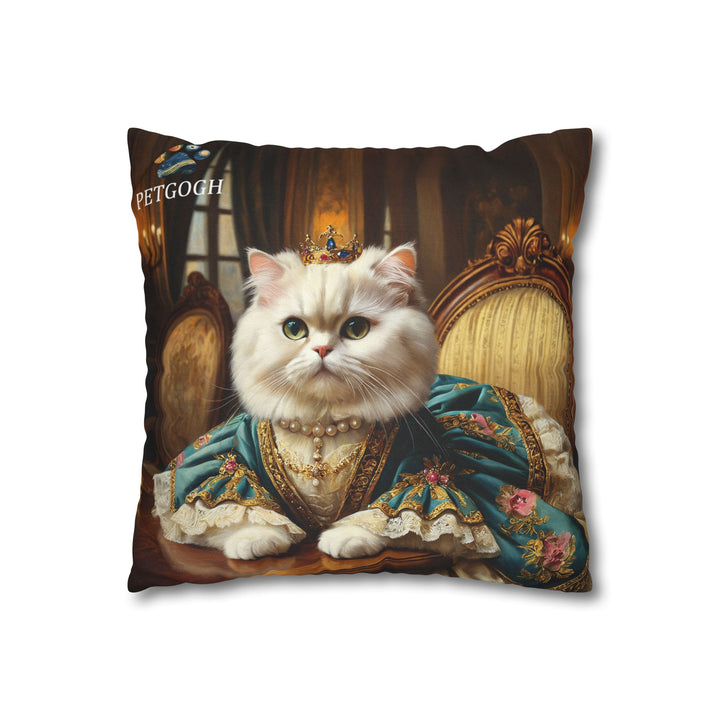 Custom queen cat pillow featuring your cat’s portrait with jeweled crown, pearl necklace, and ornate royal gown in palace setting – personalized regal pet portrait cushion gift for cat lovers.