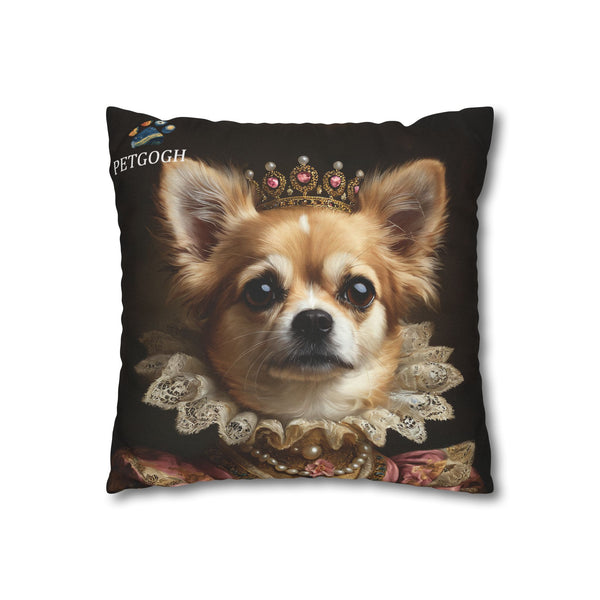 Custom chihuahua pillow with royal crown and gown – personalized dog portrait cushion.