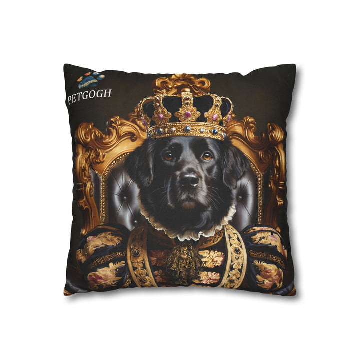 Custom king dog pillow featuring your pet’s portrait with golden crown, ornate royal costume, and throne – personalized royal pet cushion gift for dog lovers.