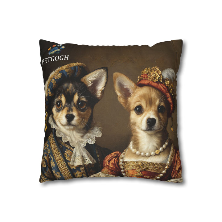 Custom dog couple pillow featuring two dogs’ portraits in royal costumes – one as a noble lord in blue-and-gold outfit with lace collar, the other as a lady in pearl jewelry and ornate gown. Personalized regal pet portrait cushion gift.