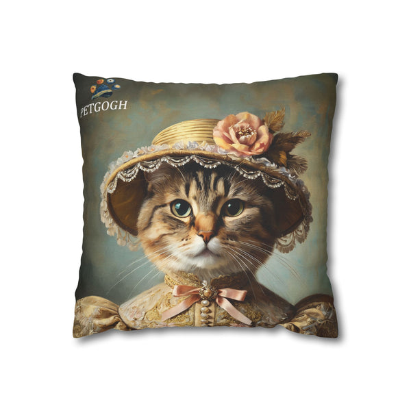 Victorian-style cat portrait throw pillow with floral hat design, custom pet pillow gift for cat lovers.