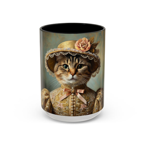 Elegant lady cat mug with floral hat and lace gown