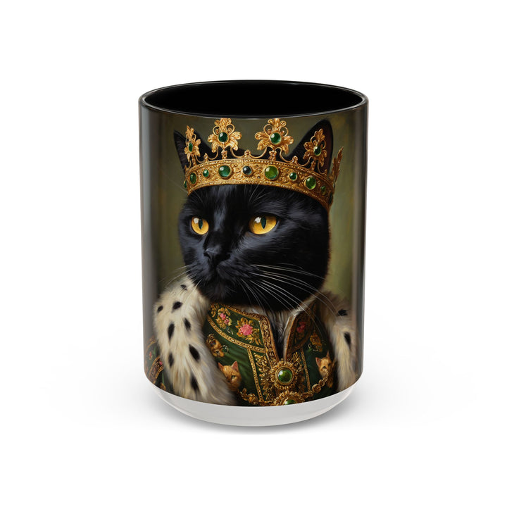 Custom royal king black cat mug with emerald crown and fur cloak