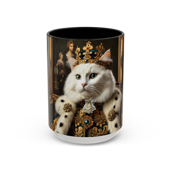 Custom white cat king mug with golden crown