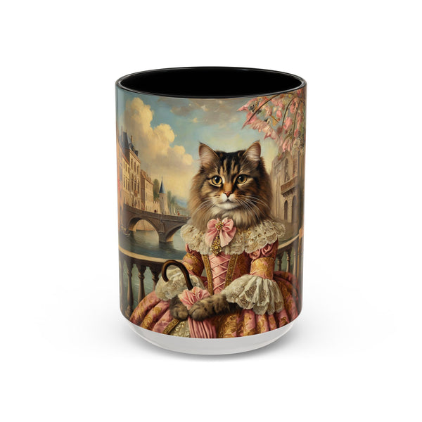 Custom Victorian lady cat mug with pink gown and parasol
