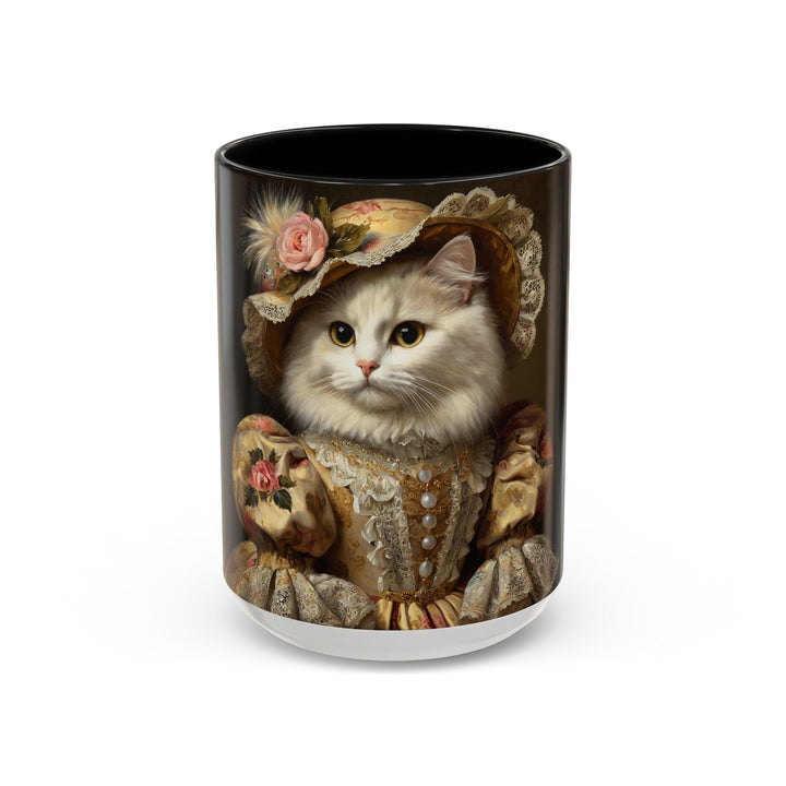Vintage lady cat mug with floral hat and pearls
