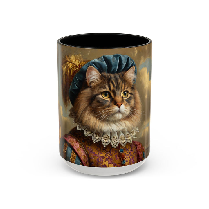 Custom Renaissance cat mug with feathered hat and noble outfit