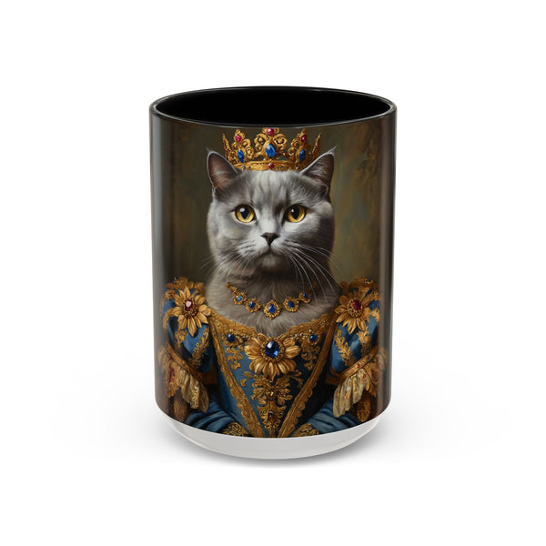 Blue regal cat mug with crown and golden gown