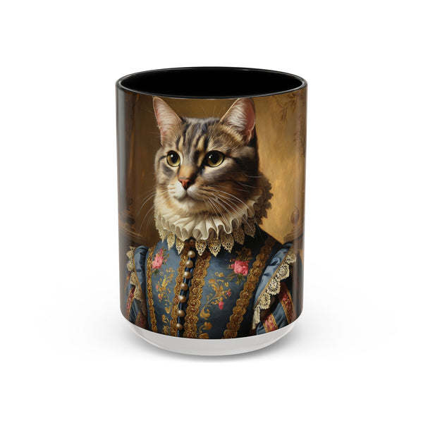 Custom Renaissance aristocrat cat mug with blue robe and lace ruff