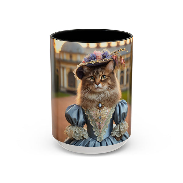 Custom aristocrat lady cat mug with blue gown and feathered hat