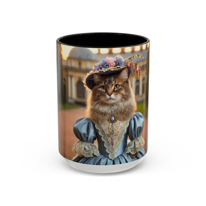 Custom aristocrat lady cat mug with blue gown and feathered hat