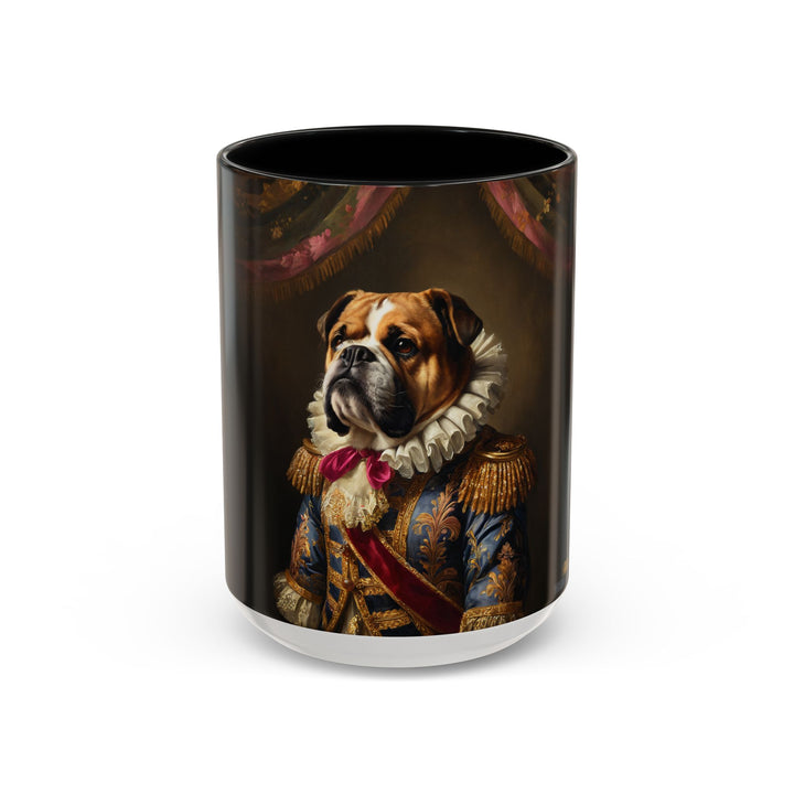 Custom Renaissance bulldog mug with ruffled collar and regal sash