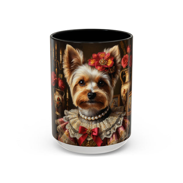 Custom Yorkie dog mug with red bow and pearl necklace