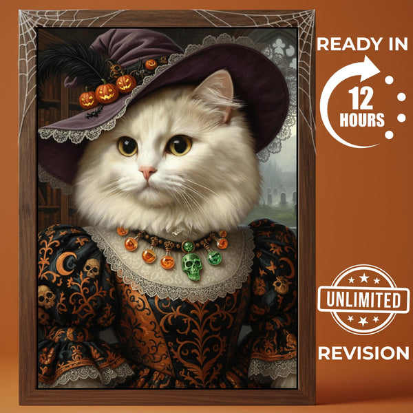 Custom Halloween Cat Portrait Canvas – Personalized Witch Pet Artwork, Spooky Gift for Pet Lovers