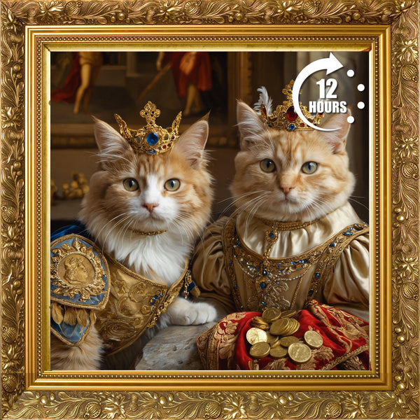 Custom King & Queen Cat Portrait Canvas: Renaissance Pet Art, Royal Couple Gift