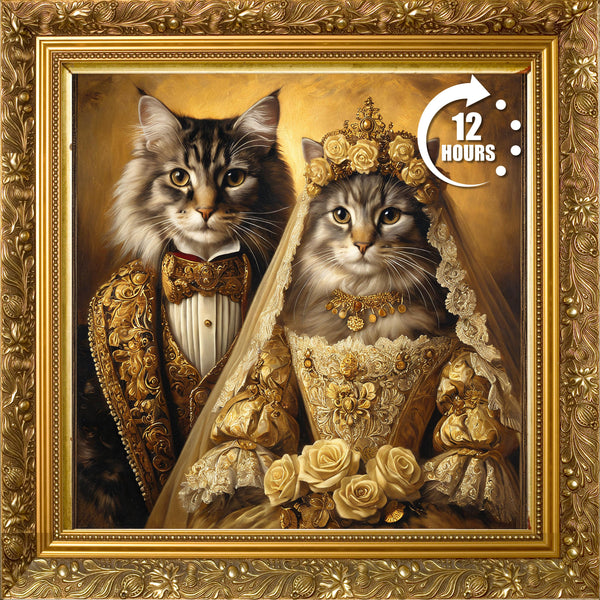 Custom Royal Cat Wedding Portrait Canvas: Personalized Pet Art Gift