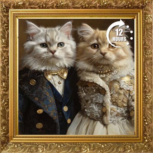 Custom Royal Cat Couple Portrait – Personalized Renaissance Pet Canvas, Elegant Gift for Pet Lovers
