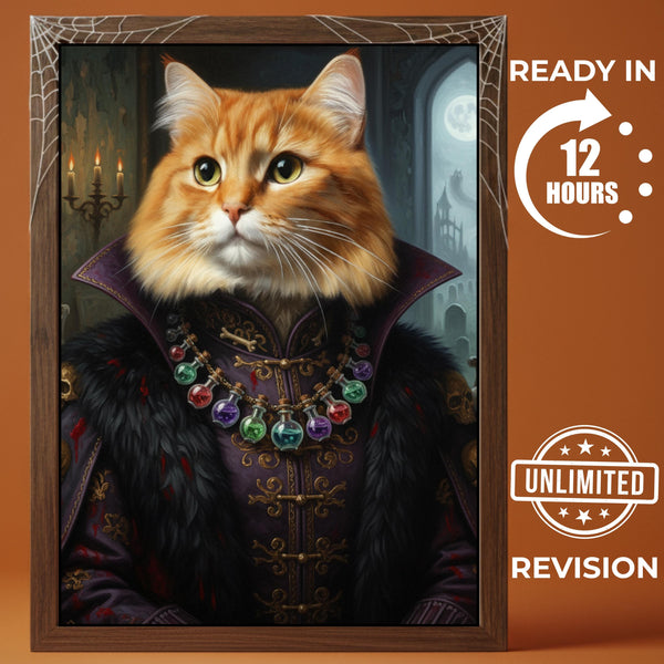 Custom Gothic Royal Cat Portrait – Personalized Renaissance Pet Canvas, Halloween Pet Gift