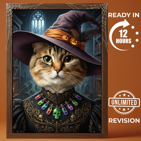 Custom Halloween Pet Portrait, Personalized Cat Poster, Gothic Home Decor, Funny Cat Owner Gift, Pet Memorial