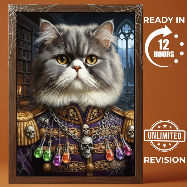 Custom Halloween Pet Portrait, Spooky Commander Cat Art, Gothic Wall Decor, Funny Pet Lover Gift, Persian Cat