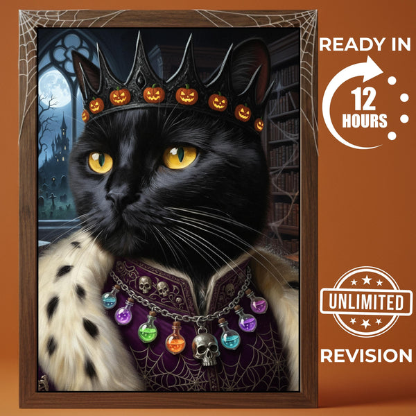 Custom Halloween Pet Portrait, Funny Black Cat Art, Spooky Wall Decor, Gothic King Painting, Pet Lover Gift