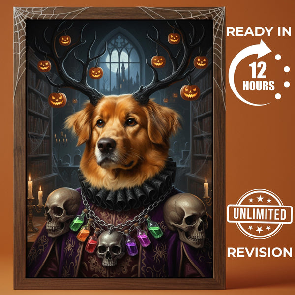 Custom Halloween Pet Portrait, Funny Dog with Antlers Art, Spooky Forest Decor, Gothic Painting, Pet Lover Gift