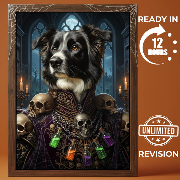 Custom Halloween Pet Portrait, Funny Border Collie Art, Spooky Wall Decor, Gothic Sorcerer Painting, Pet Lover Gift