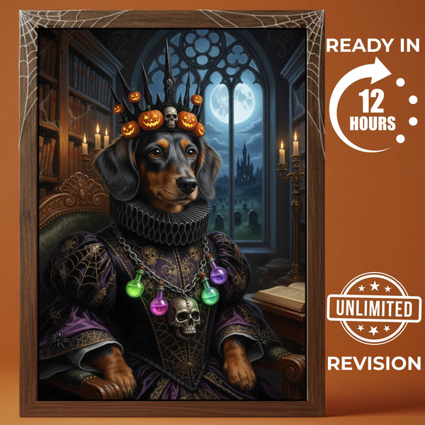 Personalized Royal Dog Portrait, Custom Dachshund Art, Spooky Halloween Decor, Gothic Pet King, Gift for Him