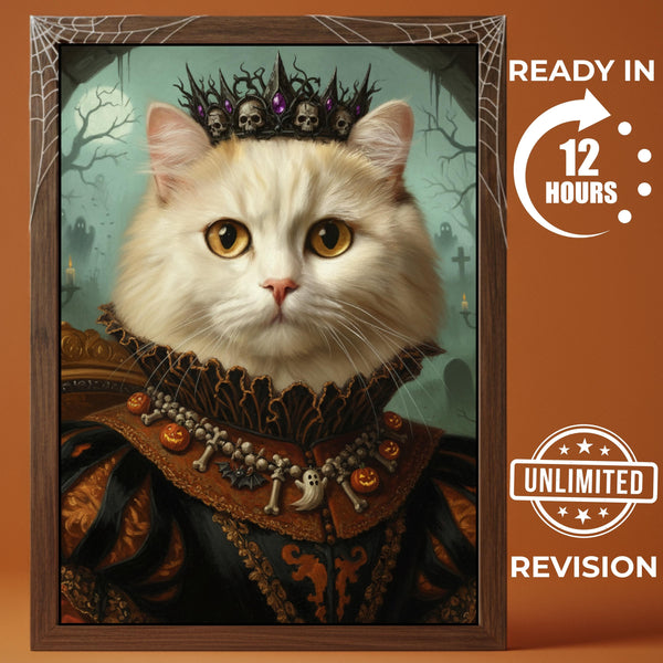 Custom Halloween Pet Portrait, Funny White Cat Art, Spooky Wall Decor, Gothic Queen Painting, Pet Lover Gift