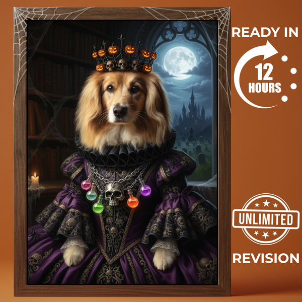 Custom Halloween Pet Portrait, Gothic Queen Dog Painting, Spooky Princess Cat Art, Royal Halloween Decor, Pet Lover Gift