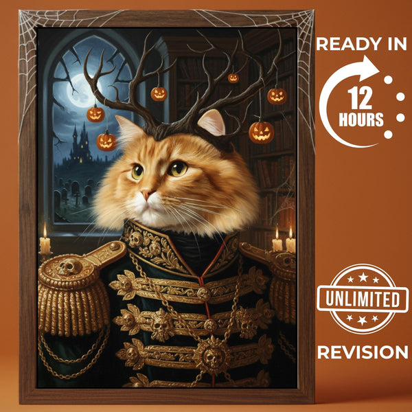 Custom Halloween Pet Portrait, Funny Ginger Cat Art, Spooky Wall Decor, Military Commander Painting, Pet Owner Gift